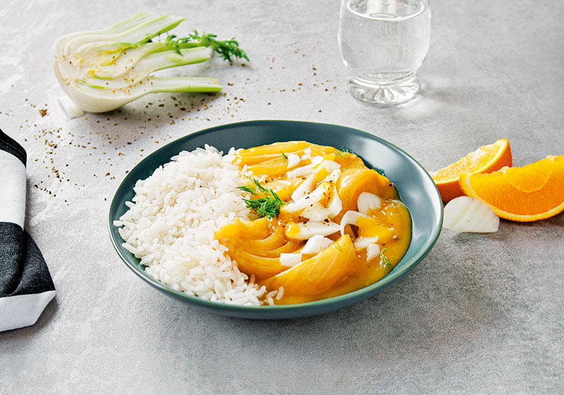 Fenchel in Orangensoße vegan mit Reis